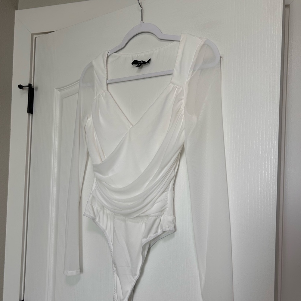 Lulus Sheer Confidence White Mesh Ruched Long Sleeve Bodysuit - Size S - Picture 2 of 4